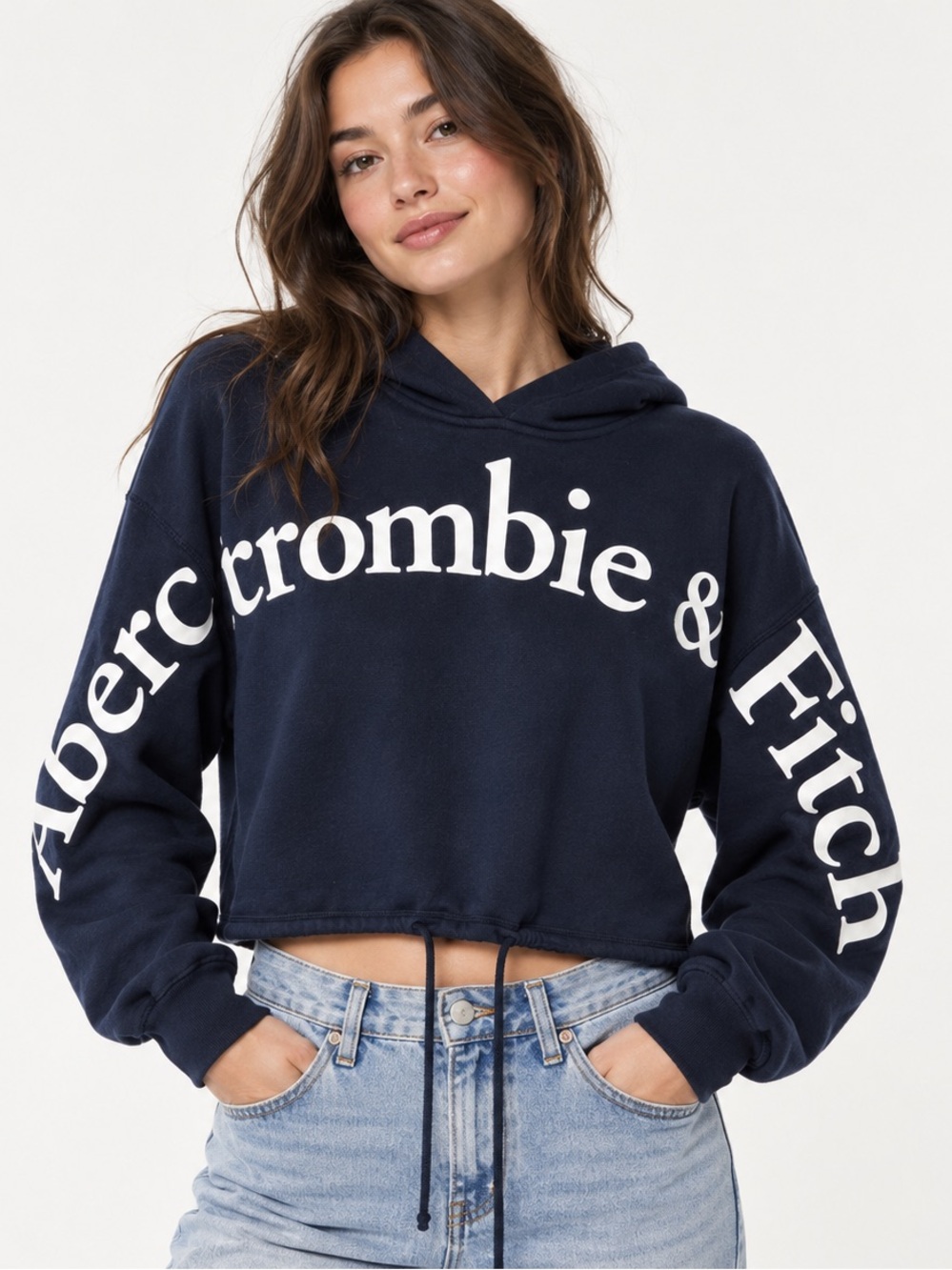 Abercrombie & Fitch Navy Cropped Logo Hoodie XS Spellout Drawstring Sweatshirt